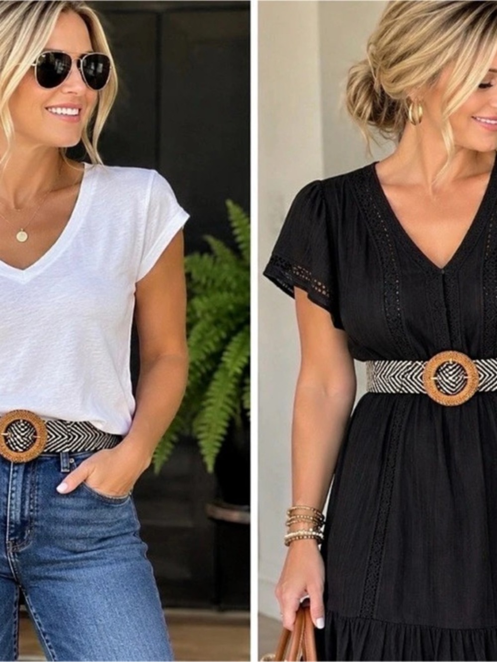 Geometric Woven Stretch  Belt in Black & Cream Like New